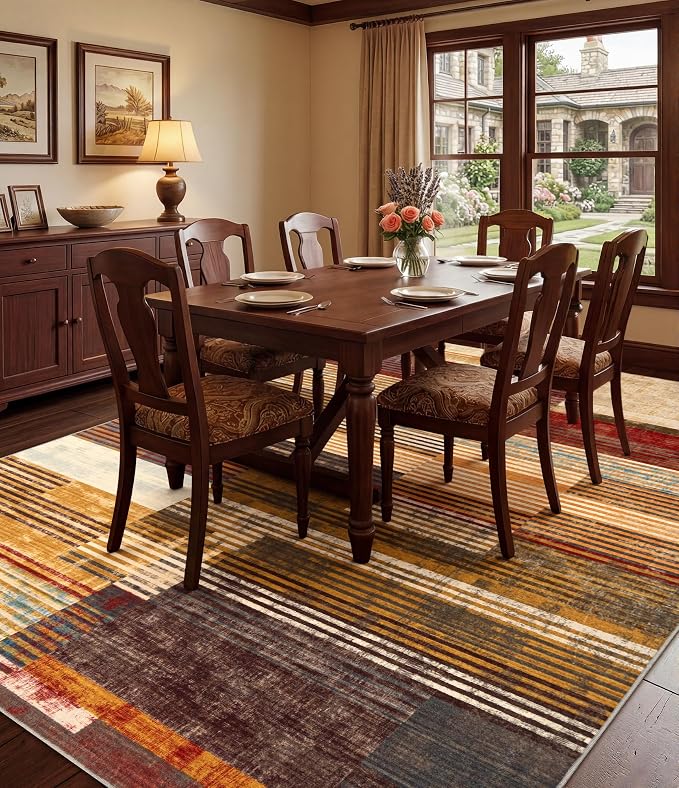 Brown Area Rug 8x10, Farmhouse Rugs Washable,Vintage Burgundy Carpets for Bedroom,Burnt Orange Area Rug Non Slip,Geometric Boho Rug for Kitchen,Dining Room