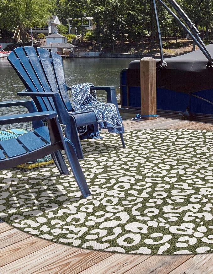 Unique Loom Outdoor Safari Collection Area Rug - Leopard (13' Round, Green/ Ivory)