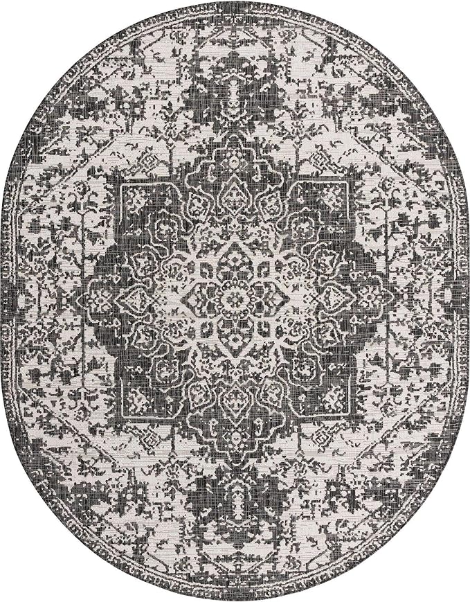 Unique Loom Outdoor Collection Area Rug - Dubai (7' 10" x 10' Oval, Charcoal Gray/ Ivory)