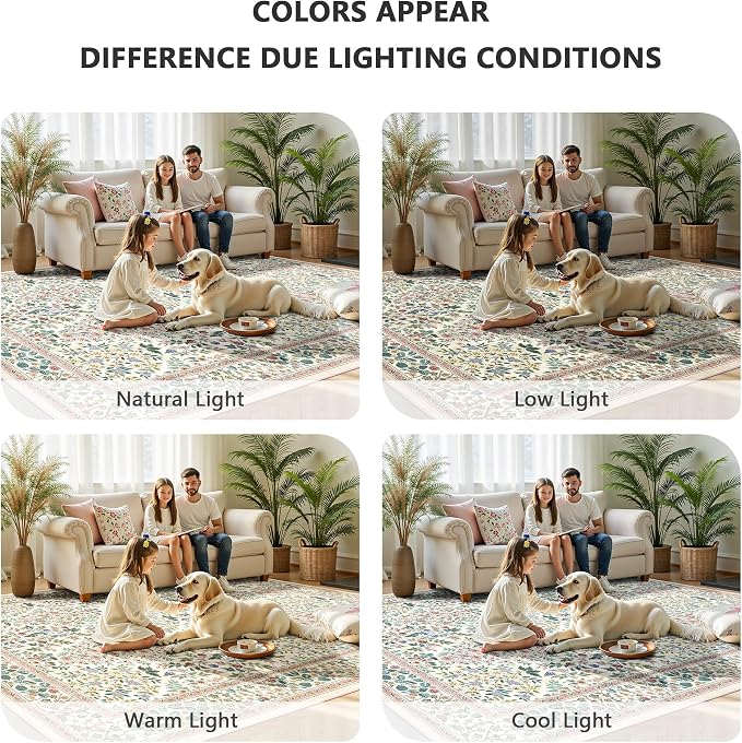 9x12 Area Rugs, Machine Washable Low Pile Floral Rugs for Living Room, Bedroom, Large Boho Area Rug with Non-Slip Backing for Dining Room(Pink Floral)
