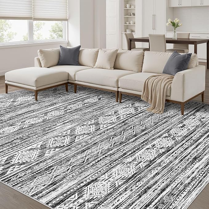 Nakagishi Boho 5x7 Area Rug Living Room Rugs Machine Washable Black White | Soft, Pet & Kid Friendly, Carpet for Living Room/Bedroom/Office/Kitchen/Nursery, Daily Home Decor Stain Resistant Moroccan