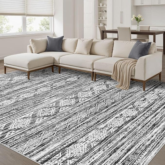 Nakagishi Boho 5x7 Area Rug Living Room Rugs Machine Washable Black White | Soft, Pet & Kid Friendly, Carpet for Living Room/Bedroom/Office/Kitchen/Nursery, Daily Home Decor Stain Resistant Moroccan