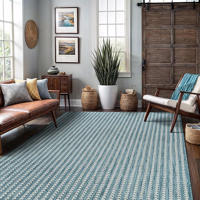 Washable Outdoor Rug 5x7 Modern Area Rugs Outdoor Carpets Striped Pattern Non Shedding Waterproof Easy Clean Patio Deck Porch Living Room Bedroom Garden RV (5 X 7 Aqua)
