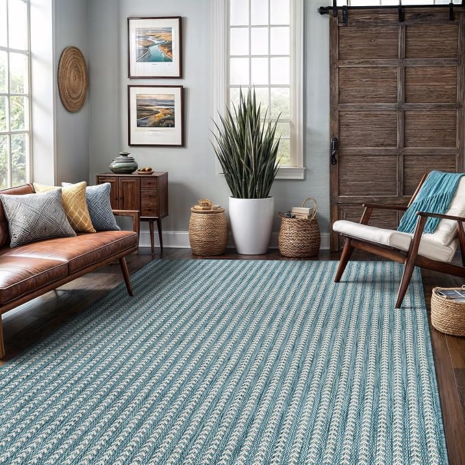 Washable Outdoor Rug 9x12 Modern Area Rugs Outdoor Carpets Striped Pattern Non Shedding Waterproof Easy Clean Patio Deck Porch Living Room Bedroom Garden RV (9 X 12 Aqua)