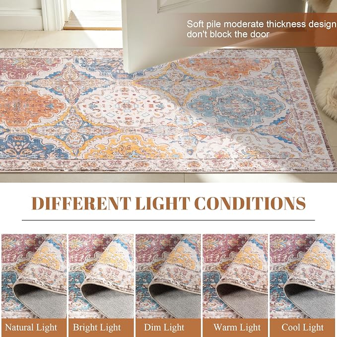 Moroccan Vintage Distressed Boho Geometric Colorful 2x6 Runner Rug | Floral Washable Non Slip Throw Floor Long Carpet Runner for Hallway Entryway Kitchen Bathroom Bedroom Livingroom Rug