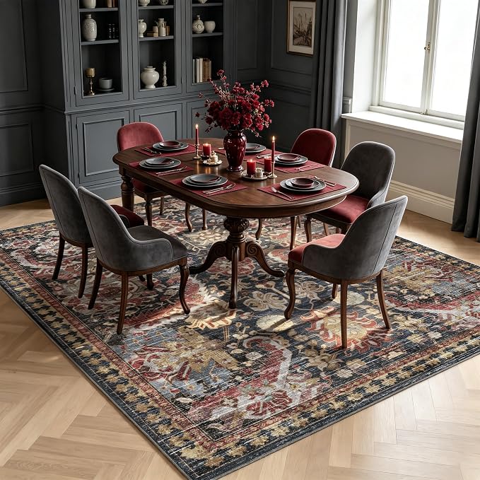 Washable Area Rugs - Perfect for Living Room, Bedroom, Kids Room, Nursery - Stain & Water Resistant Non-Slip, Pet & Child Friendly, Vintage Tribal Area Rugs (Rust, 5' x 7')
