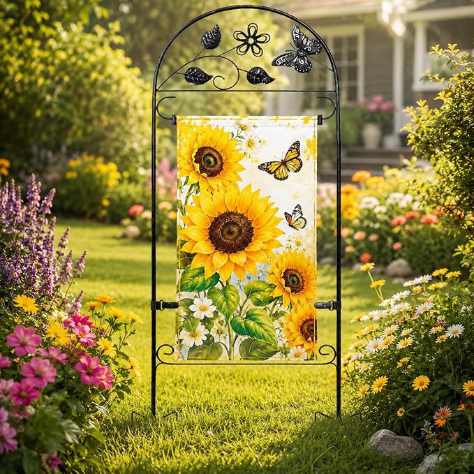 AceList Garden Flag Holder Stand for Outside, Wrought Iron Butterfly Yard Flag Pole Holder with 8-Prong Base & Windproof Velcro Clips, Heavy Duty Garden Flag Stand for 12x18 Flags, Black, (Flag Not Included)
