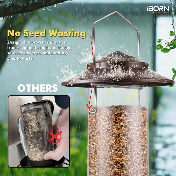 iBorn Bird Feeder Metal Squirrel Chew-Proof Bird Feeders for Outdoors Hanging for Cardinal Outside, Holds 1.32LB Seed with 3 Perchs, Bronze (Seed is not Included)