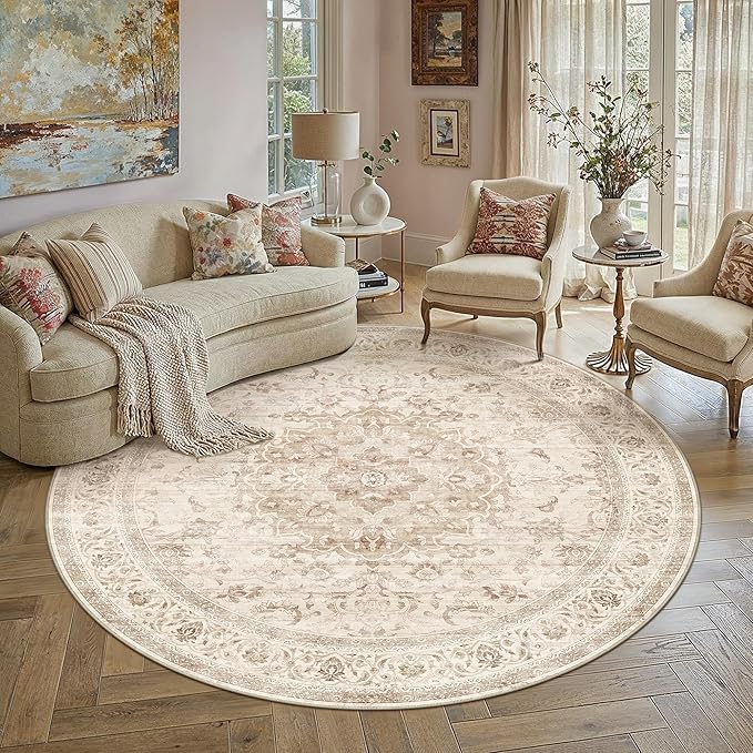 5R Beige Washable Round Rug Non Slip Vintage Carpet | Low Pile, Stain Resistant, Living Room, Kitchen, Bedroom, Nursery, Office, Dining Room, Hallway, Soft, Thin, Lightweight