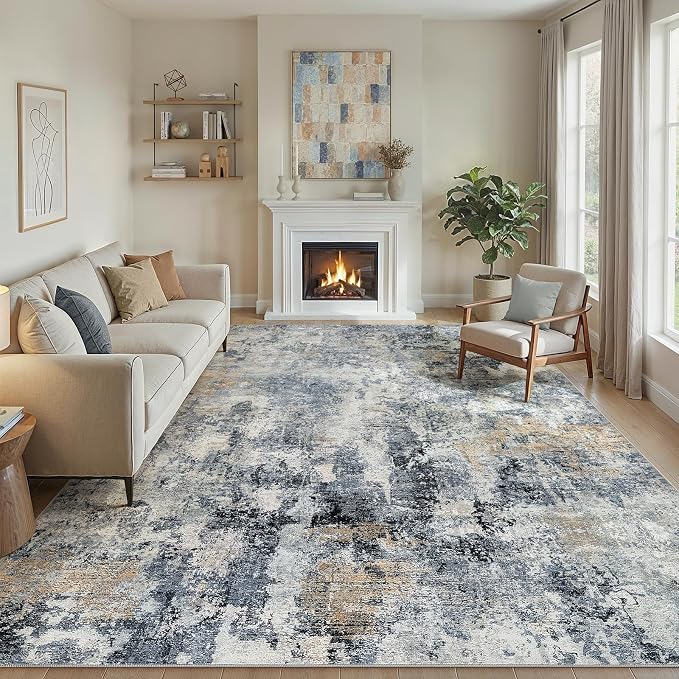 9x12 Area Rug Washable Abstract Rugs for Living Room Blue/Brown | for Bedroom, Dining Room, Office, Nursery, Soft Neutral, Low Pile Non-Slip, Kid Pet Friendly, Large Indoor Carpet, Home Decor