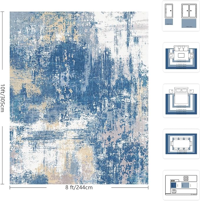 8x10 Rugs for Living Room - Modern Abstract Washable Rug, Ultra Soft Non Slip Low Pile Large Rugs, Floor Carpet for Bedroom Dining Room Office Laundry Nursery Home(Blue & Beige)