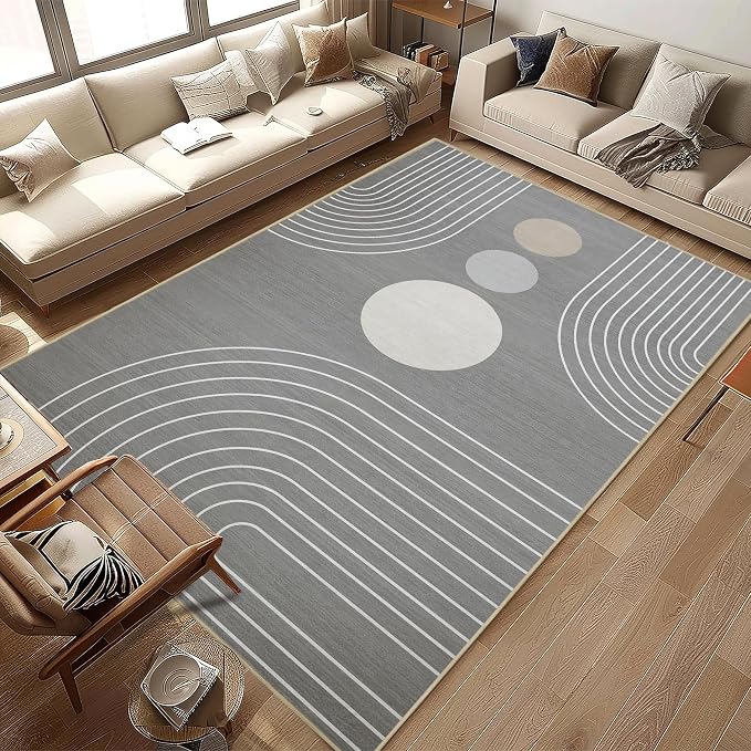 8x10 Area Rug for Living Room Boho Modern Minimalist Geometric Abstract Large Rug Grey Mid Century Modern Machine Washable Non-Slip Printed Low-Pile Indoor Floor Carpet Dining Room Bedroom Gray