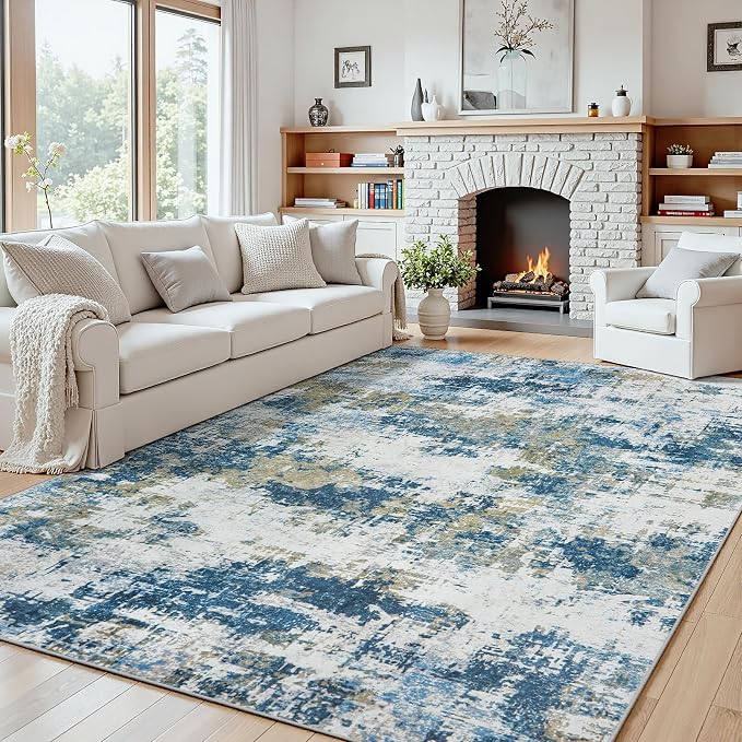 5x8 Area Rugs for Living Room: Washable Soft Blue Abstract Bedroom Carpet | Non-Slip TPE & Stain Resistant,0.25" Low-Pile,Kids Pet Friendly Modern Decor for Dining Room Farmhouse Office, Non-Shedding