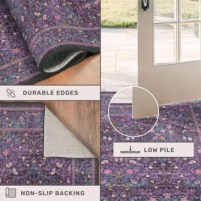 Washable Violet 5x7 Area Rug for Living Room, Vintage Dark Purple Dining Room Rugs for Under Table, Boho Foldable Low Pile Soft Carpet, Stain Resistant & Traditional Plum Floral Design