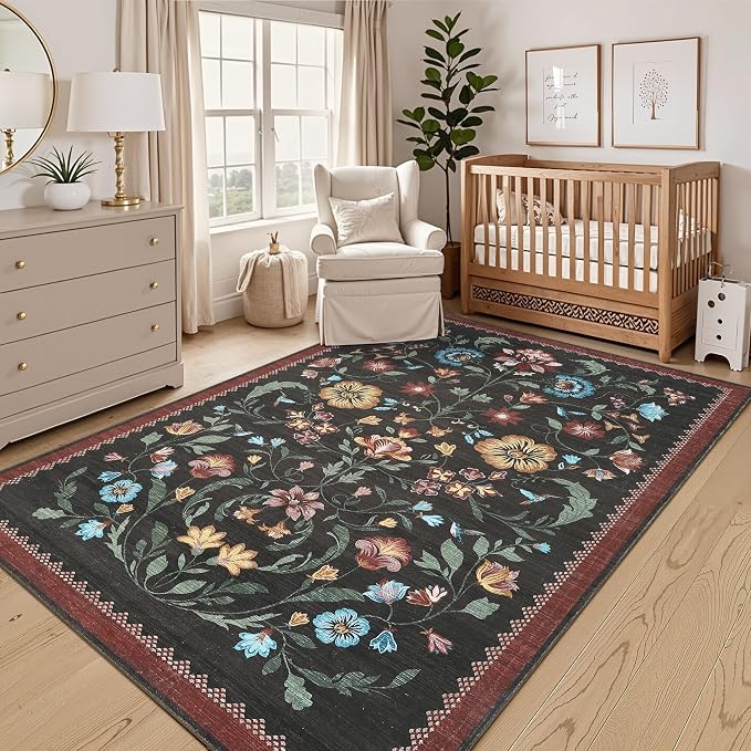 GarveeHome Washable Rug 3x5 Area Rugs for Living Room, Floral Rug for Bedroom, Soft Boho Non Slip Throw Rugs with Rubber Back, Low Pile Stain Resistant Vintage Floral Carpet for Dining Room, Red