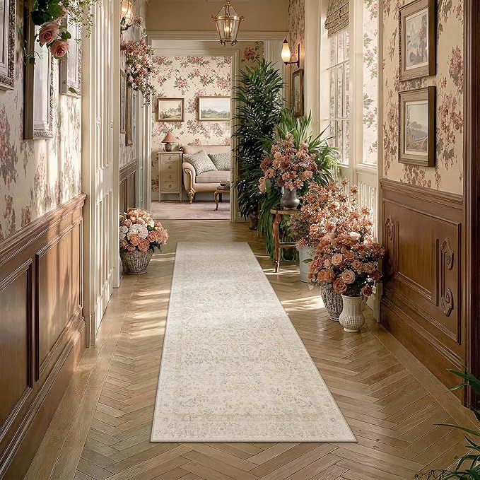 2x6 Beige Floral Runner Rug Vintage Farmhouse Style | Washable, Non Slip, Soft Low Pile, Hallway Carpet for Kitchen, Entryway, Laundry Room, Botanical Decor