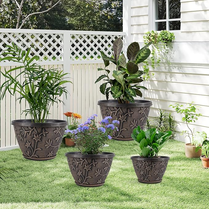 Nooulap 12 Inch Pots for Plants with Drainage, Large Plastic Flower Pots Outdoor Indoor, Decorative Planters with Gold Flower Pattern for Home, Porch, Balcony & Garden (Retro Brown)
