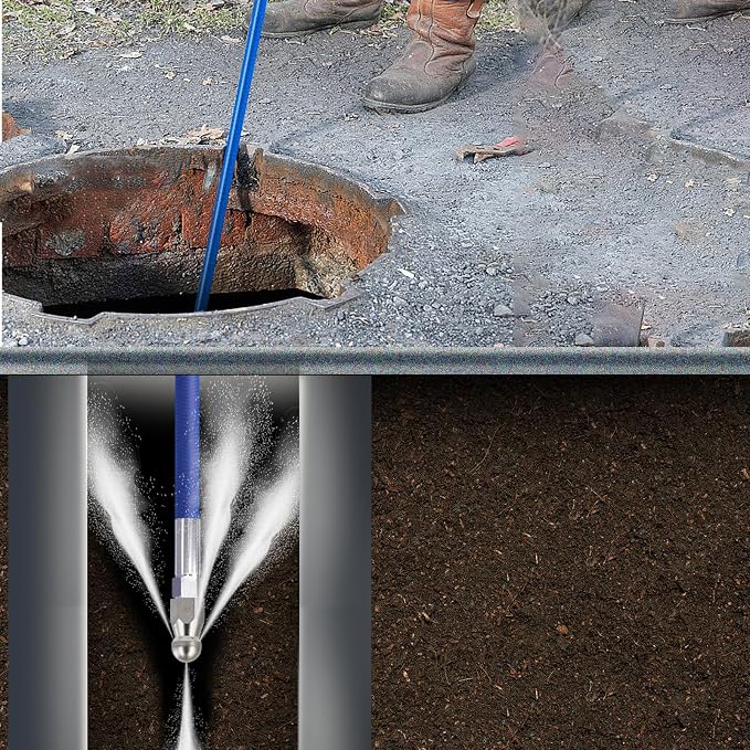 Sewer Jetter Kit for Pressure Washer 150FT, 5800 PSI Water Jet Drain Cleaner Hose 1/4 Inch NPT Corner, Rotating and Button Sewer Jetting Nozzles, Waterproof Tape, Spanners, and Pearl Corsage Pin