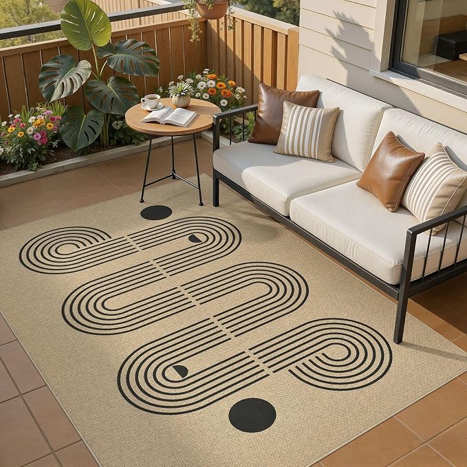 UERMEI 5x7 Outdoor Jute Area Rug Patio Neutral Washable Geometric Brown | Easy Non Slip Pet Friendly Indoor Farmhouse Carpet for Living Room Bedroom Dining Backyard