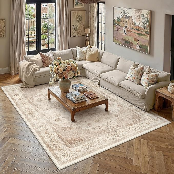 6x9 Beige Washable Area Rug Non Slip Vintage Carpet | Low Pile, Stain Resistant, Playroom, Living Room, Bedroom, Office, Dining Room, Soft, Large, Lightweight