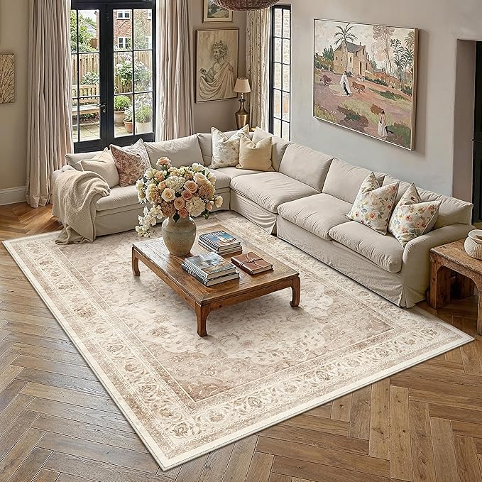 8x10 Beige Washable Area Rug Non Slip Vintage Carpet | Low Pile, Stain Resistant, Living Room, Bedroom, Office, Playroom, Dining Room, Soft, Large, Lightweight