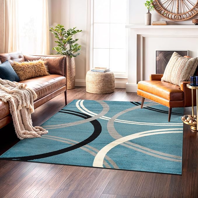 Rugshop Wavy Circles Modern Non-Shedding Square Rug Blue 6'6" x 6'6" | Square, Size 6'6" x 6'6", Living Room, Bedroom, Dining Room, Home Office, Kitchen, Entryway, Hallway, Nursery, Kids Room