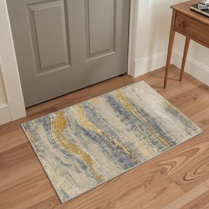 BEIMO 2x3 Washable Doormat Rug for Entryway, Wave Abstract Golden Beige | Soft Machine Washable Modern Area Rug,Streaks Pattern Non Slip Indoor Small Carpet for Entrance,Bathroom, Bedroom