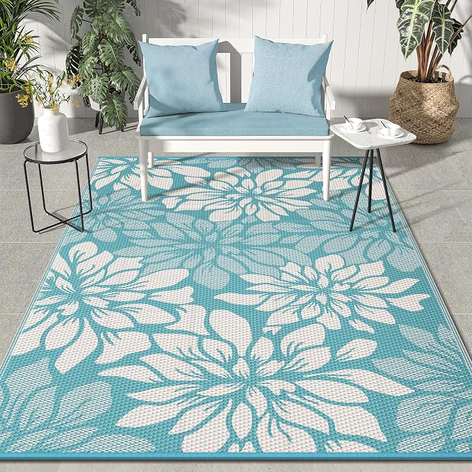 GENIMO Outdoor Rug Waterproof for Patio Decor, 6' x 9' Reversible Plastic Straw Floral Camping Carpet, Large Area Rugs Mats for RV, Camper, Deck, Balcony, Porch, Beach, Picnic, Blue & Beige