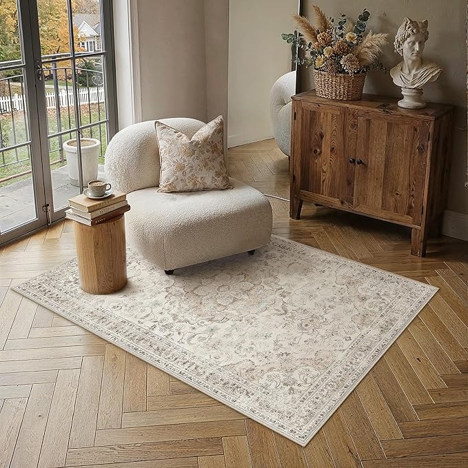 Beige Area Rug 3x5 Entryway Vintage Floral Non-Slip Carpet | Machine Washable, Soft, Low Pile, for Bedroom, Dining Room, Kids Room, Nursery, Office, Retro Neutral Decor