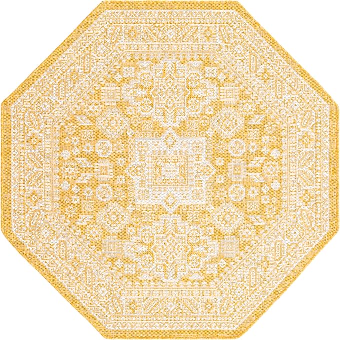 Unique Loom Outdoor Aztec Collection Area Rug - Chalca (5' 3" Octagon, Yellow/ Ivory)