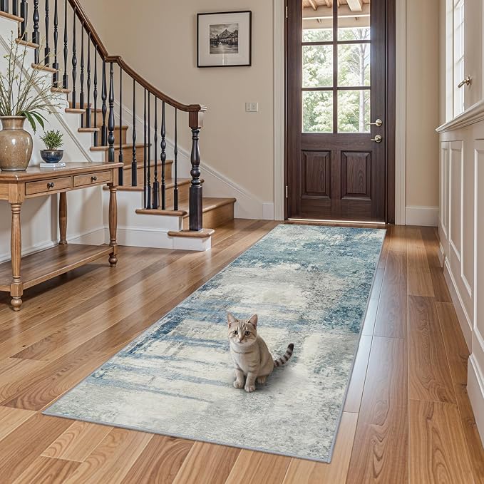 Blue Abstract 3x8 Washable Runner:Non Slip Hallway Runner Rug | Soft Low Pile Indoor Carpet Floor Mat, Perfect for Front Door, Kitchen, Bedroom, Entryway & Laundry Room