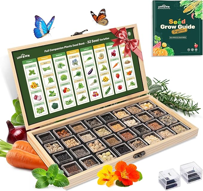 Lush&Dew Companion Plants Heirloom Seed Bank, Gardening Gifts for Women Men | 32 Varieties 30,000+ Non-GMO Vegetable Seeds for Planting in Raised Garden Bed Greenhouse, Survival Seed Kit for Food Supply