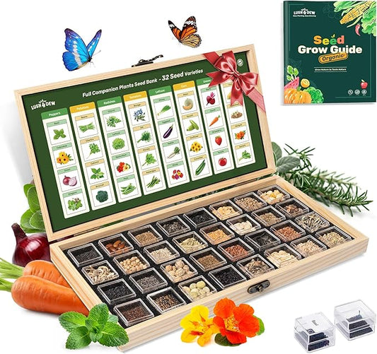 Lush&Dew Companion Plants Heirloom Seed Bank, Gardening Gifts for Women Men | 32 Varieties 30,000+ Non-GMO Vegetable Seeds for Planting in Raised Garden Bed Greenhouse, Survival Seed Kit for Food Supply