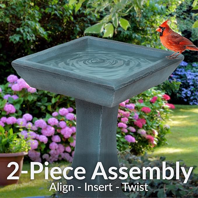 Sunnydaze 23” H Concrete Bird Bath for Outdoors - Simply Square Garden Bird Bath with Glass Fiber Reinforced Concrete Construction - Patina Green