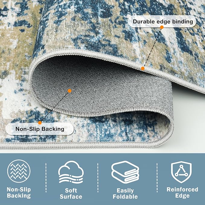4x6 Area Rugs for Living Room: Washable Soft Blue Abstract Bedroom Carpet | Non-Slip TPE & Stain Resistant,0.25" Low-Pile,Kids Pet Friendly Modern Decor for Dining Room Farmhouse Office, Non-Shedding