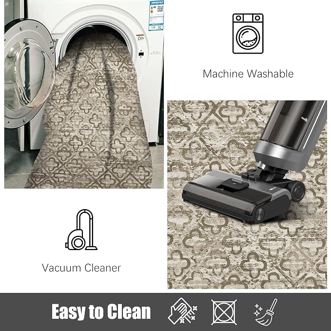Washable Area Rugs, 4' x 6' - 1/6 Thick - Stain & Water Resistant Non-Slip - Perfect Resistant Rug for Living Room, Bedroom, Nursery, Pet & Child Friendly, Vibrant Colors Rugs, Brown