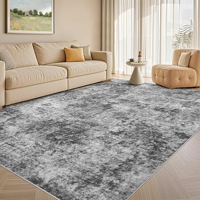 Tortania Washable 9x12 Area Rug for Living Room: Modern Abstract Neutral Large Soft Thin Rugs - Non Slip Indoor Carpet for Bedroom Dining Room Office Nursery Home Floor Decoration - Charcoal Grey