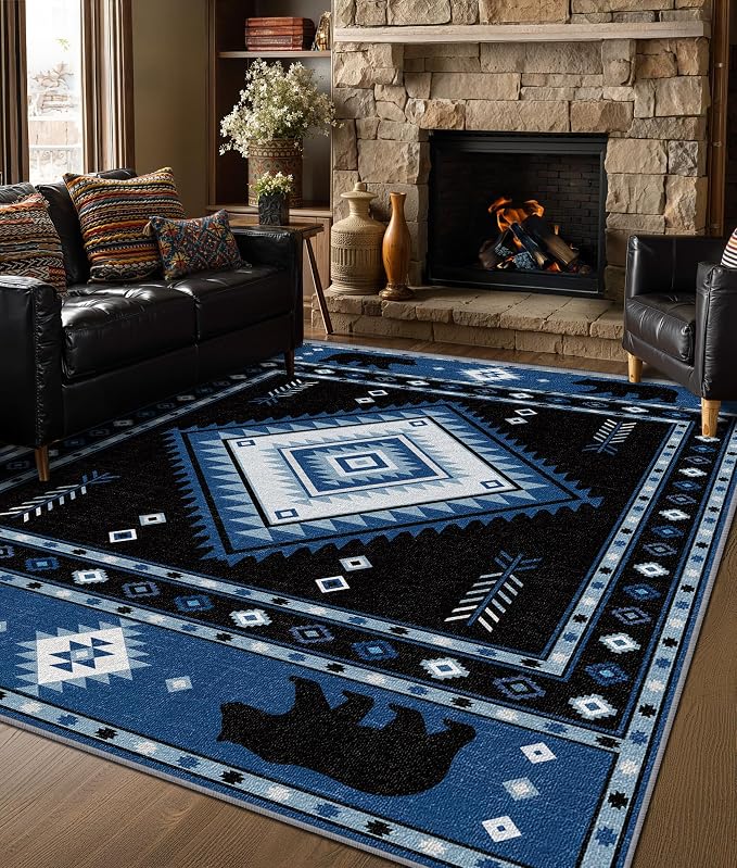 Aztec Rug 5x6 - Southwestern Bear Cabin Area Rugs for Bedroom Living Room, Rustic Bohemian Machine Washable | Non-Slip | Soft Carpets, Native American Room Decor (Blue White Black)