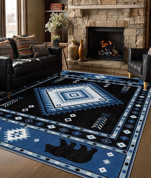 Aztec Rug 5x6 - Southwestern Bear Cabin Area Rugs for Bedroom Living Room, Rustic Bohemian Machine Washable | Non-Slip | Soft Carpets, Native American Room Decor (Blue White Black)