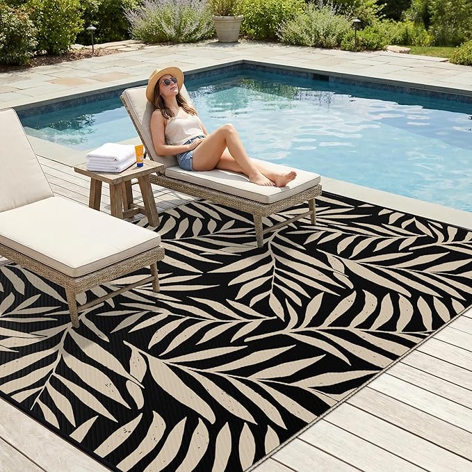 Smiry Outdoor Rug 8x10 ft, Waterproof Reversible Plastic Straw Rugs, Outdoor Area Rug with Leaf Pattern, Outside Floor Mat for Patio, Backyard, Deck, Picnic, Beach, Camping, Black & Beige