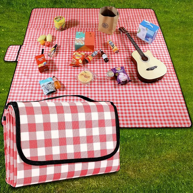 Picnic Blanket Waterproof Beach Rug 79''x79'' Picnic Mat Washable Lightweight with Handle Red Checkered for Hiking Travelling Outdoor Camping,Parks