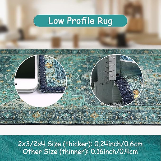 Moynesa Ultra-Thin Washable Round Rug - 4ft Oriental Circle Area Rugs for Bedroom Entryway, Teal Vintage Non Slip Non Shedding Low Pile Carpet for Living Room Coffee Table Kitchen