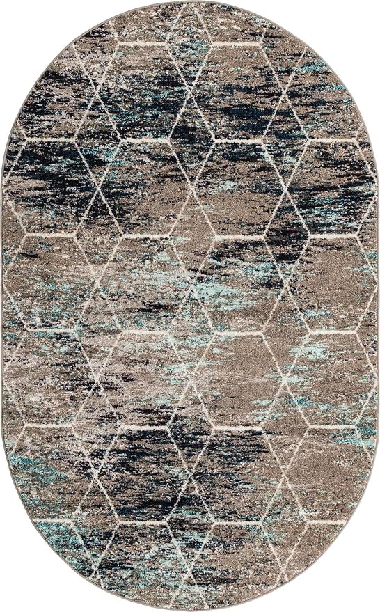 Unique Loom Trellis Frieze Collection Area Rug - Geometric (5' x 8' Oval, Blue Multi/ Ivory)