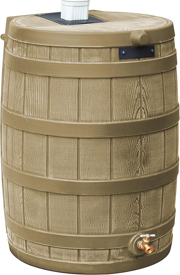 Good Ideas Rain Wizard 50 Gallon Plastic Outdoor Home Rain Barrel Water Storage Collector with Brass Spigot and Flat Back Design, Khaki