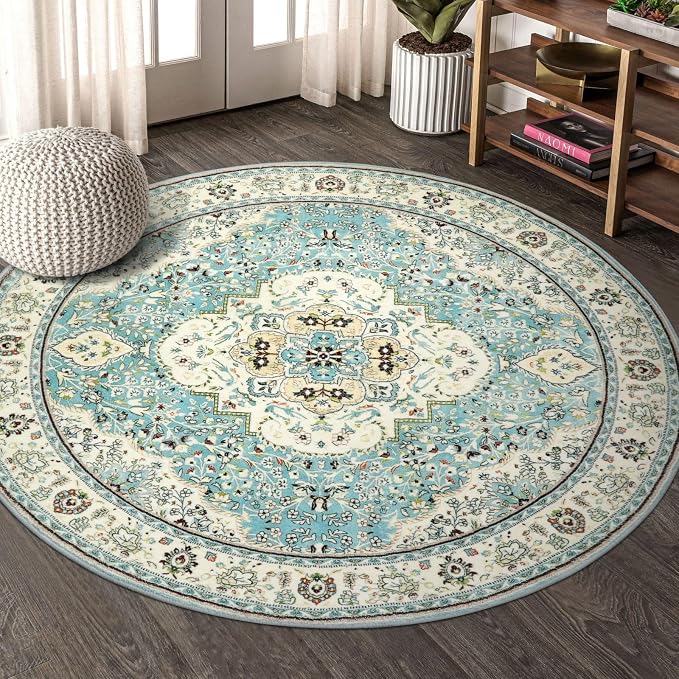 Lahome Felice Floral Medallion Round Rug - 4Ft Distressed Round Entrance Area Rug, Soft Non-Slip Machine Washable Foyer Mat Indoor Floor Office Chair Carpet for Playroom Recliner Nursery