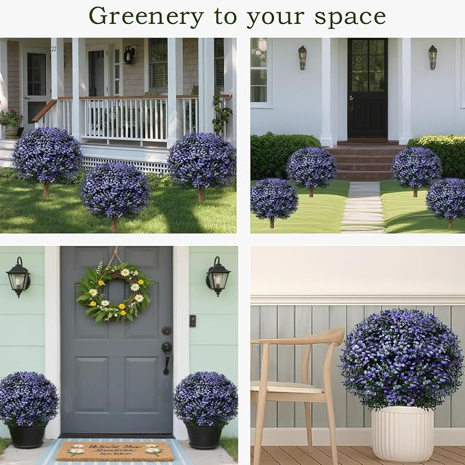 THKFUL Artificial Boxwood Topiary Ball Tree Outdoor Set of 2,Faux Bushes Plants with Spike,Artificial Boxwood Ball Fake Shrubs with Stake UV Resistant for Front Door Outdoor Planter Garden D17