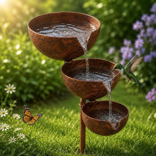 Rain Catcher Bird Bath Tiered - Bring Life Back to Your Garden (Retro) | Self Filling Bird Bath Stake for Hummingbird Butterfly & Bee, Lawn Yard Outdoor Decor, Metal Water Bowl, Watering Station
