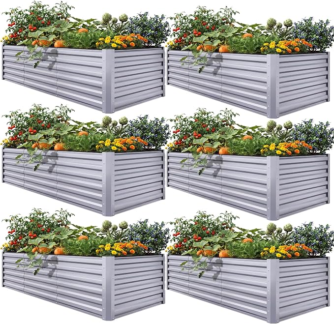 YITAHOME 6pcs 8x4x2 ft Galvanized Raised Garden Bed Kit, Large Metal Planter Box with Gloves, Safety Rubber & Support Rod, Outdoor Flower Bed for Plants Vegetables, Silver