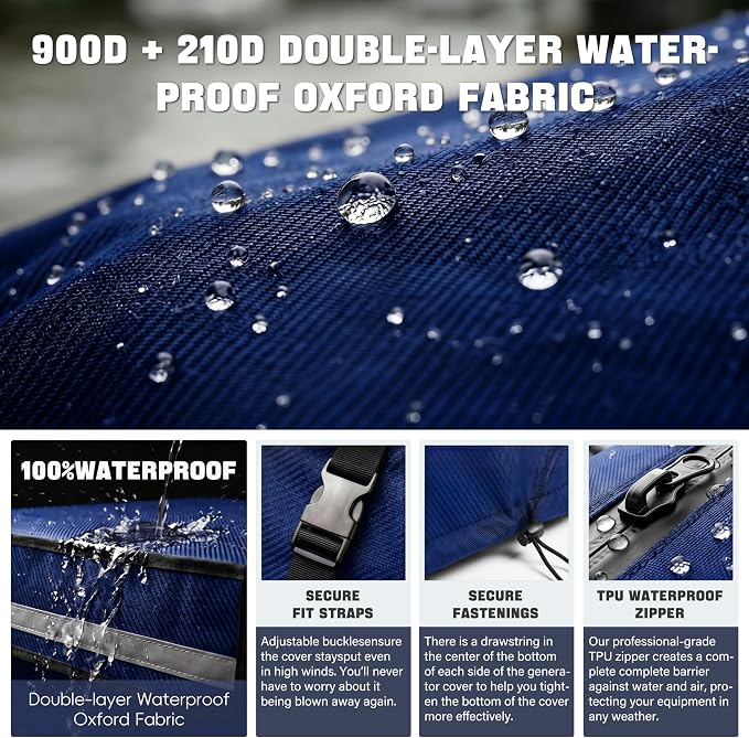Generator Covers While Running. 360° All-round Double-layer Protection. 38"L×28"W×27"H. The Top can be Opened for Adding Fuel. Blue.