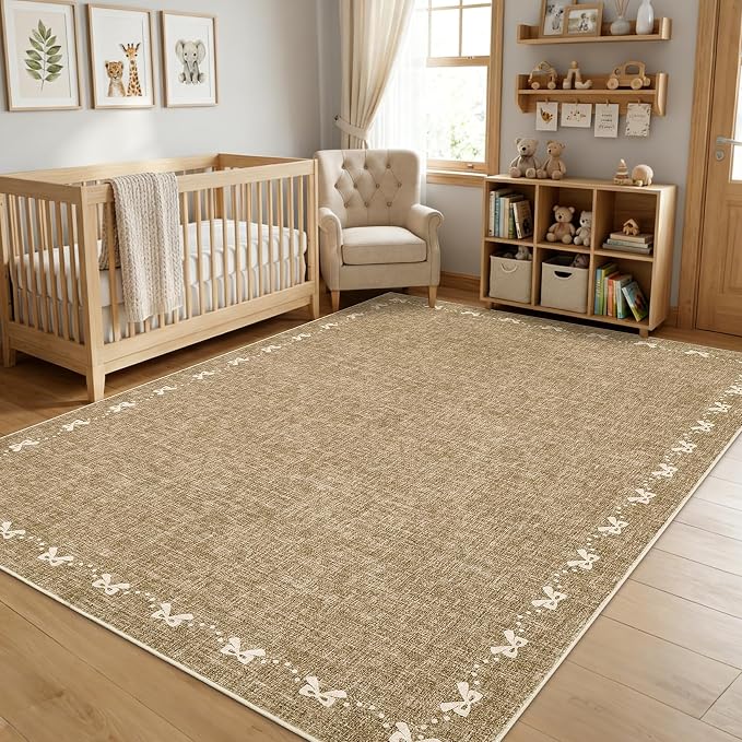 COZYLOOM Rugs for Living Room 5x7 Bow Border Area Rugs for Bedroom, Washable Area Rug with Non Slip Backing, Non Shedding Low Pile Modern Solid Color Carpet for Dining Room, Entryway, Kids Room, Brown